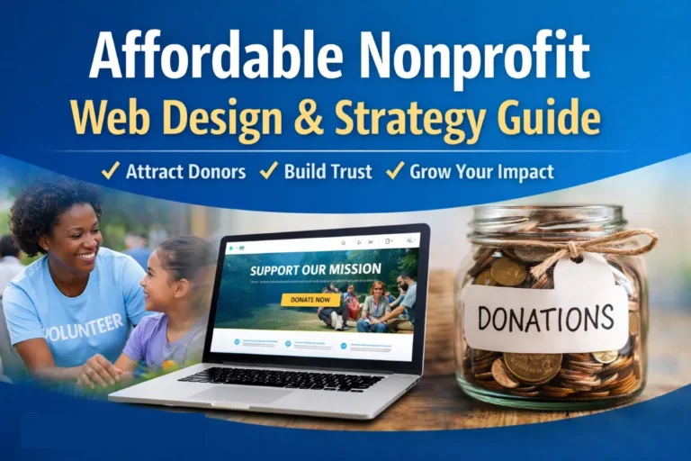 Featured image for nonprofit web design guide showing a volunteer, donation jar, and laptop displaying a nonprofit website focused on donor engagement and mission clarity