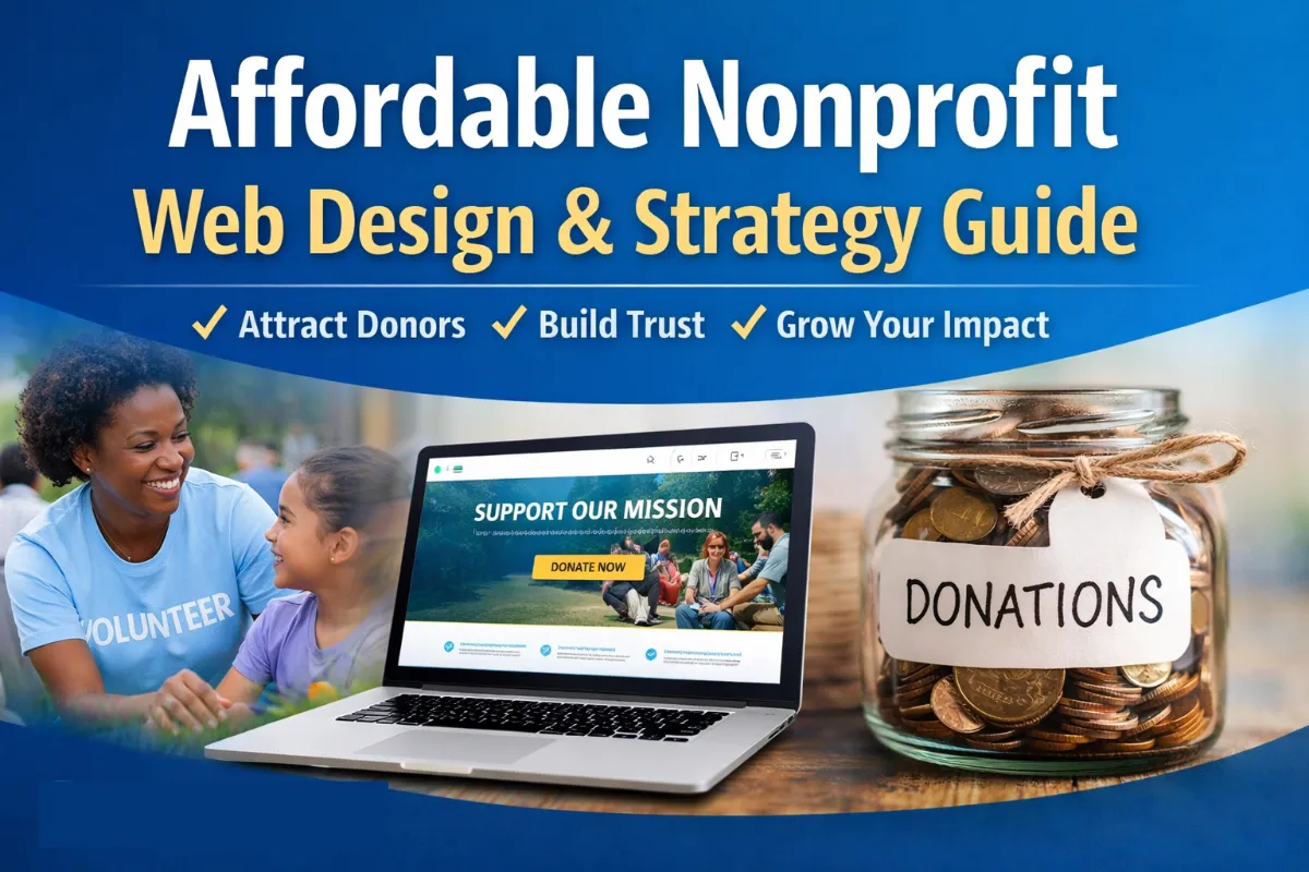 Featured image for nonprofit web design guide showing a volunteer, donation jar, and laptop displaying a nonprofit website focused on donor engagement and mission clarity