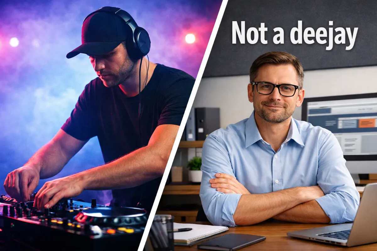 Web designer working on a website next to a DJ illustration showing that DJ WebDesigns provides web design services, not deejay entertainment.