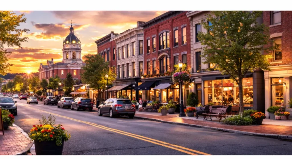 Historic downtown Saratoga Springs with storefronts, restaurants, and local shops