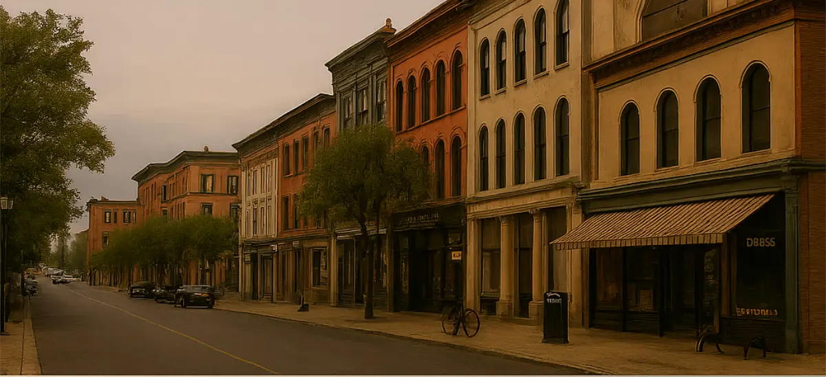 Warm morning light on a quiet Albany street lined with red and beige brick buildings, arched windows, and tree‑lined sidewalks