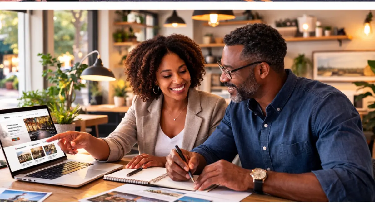 African American business owners reviewing website design with consultant in Saratoga Springs