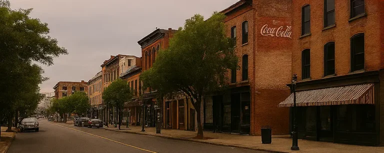 A soft, natural view of Albany’s iconic State Street, gently sloping uphill toward the Capitol, framed by historic architecture and trees.