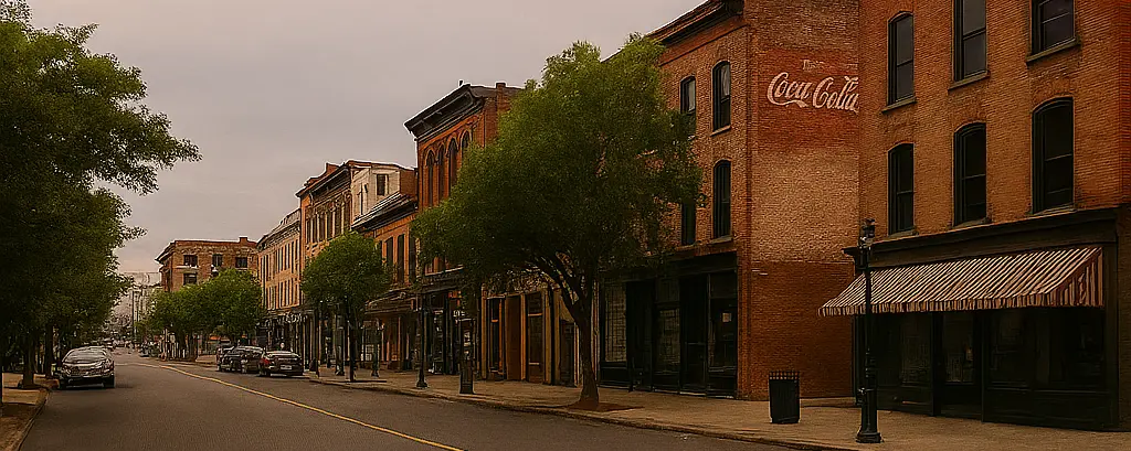 A soft, natural view of Albany’s iconic State Street, gently sloping uphill toward the Capitol, framed by historic architecture and trees.