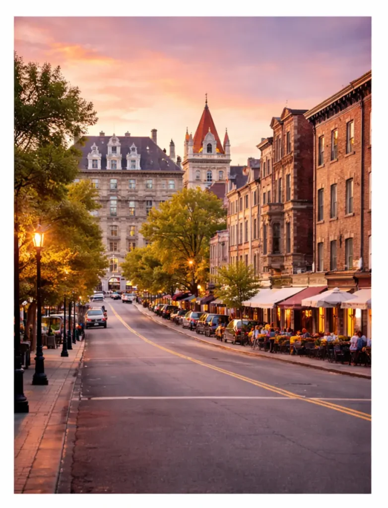 Downtown Albany NY street with local businesses and historic buildings in the Capital Region