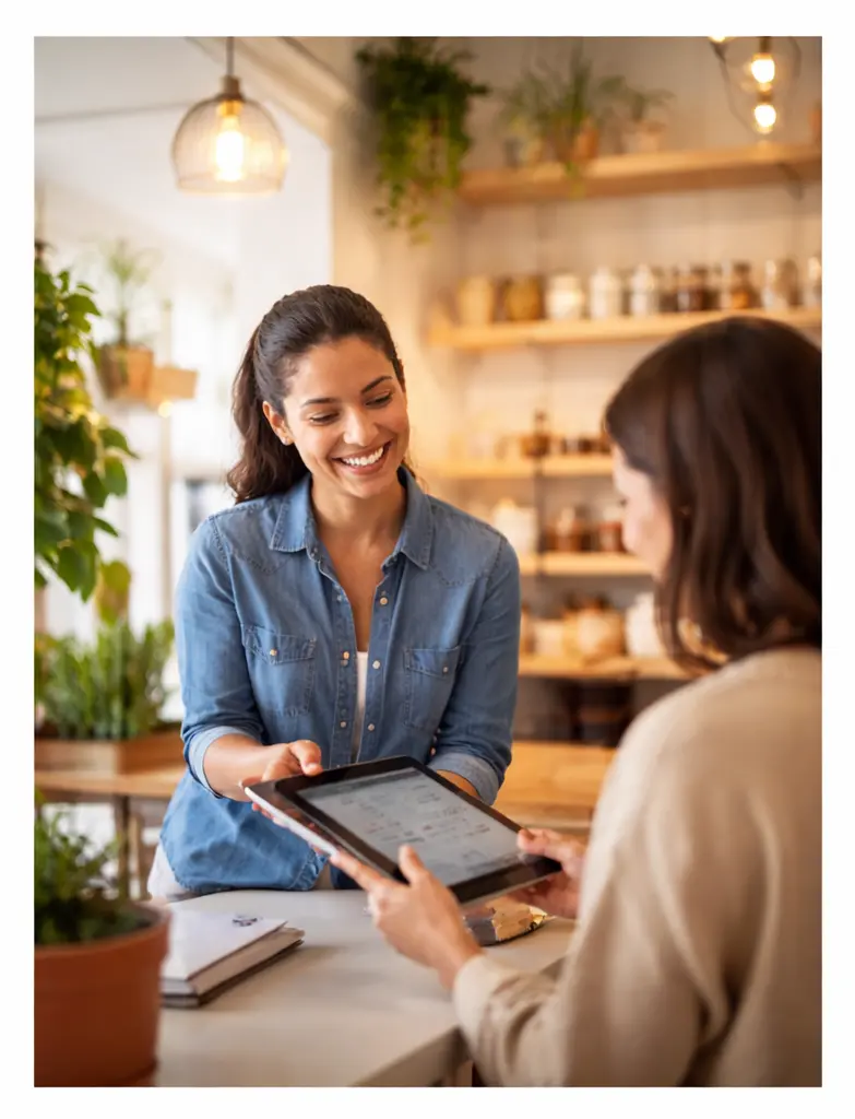 Business owner helping customer with website design and online presence