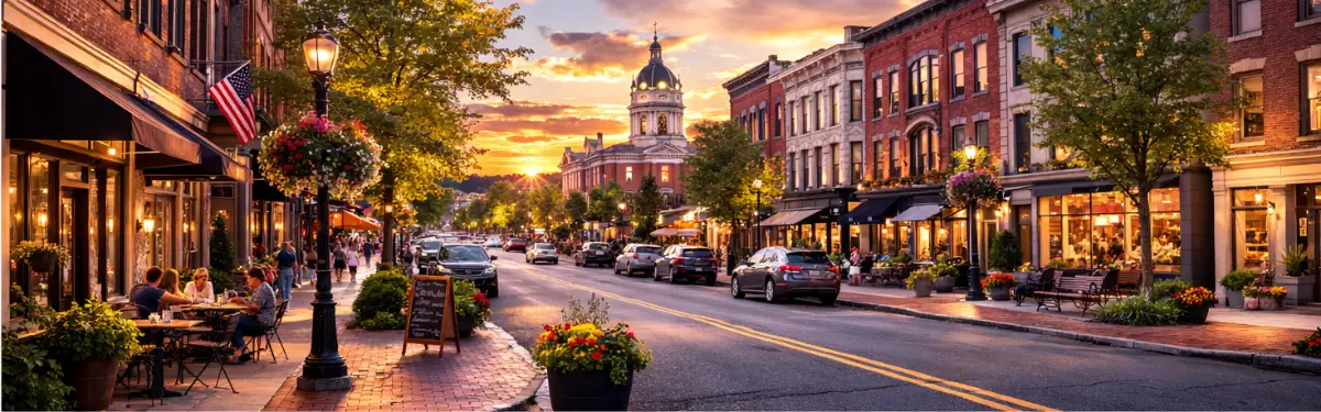 Historic downtown Saratoga Springs with storefronts, restaurants, and local shops
