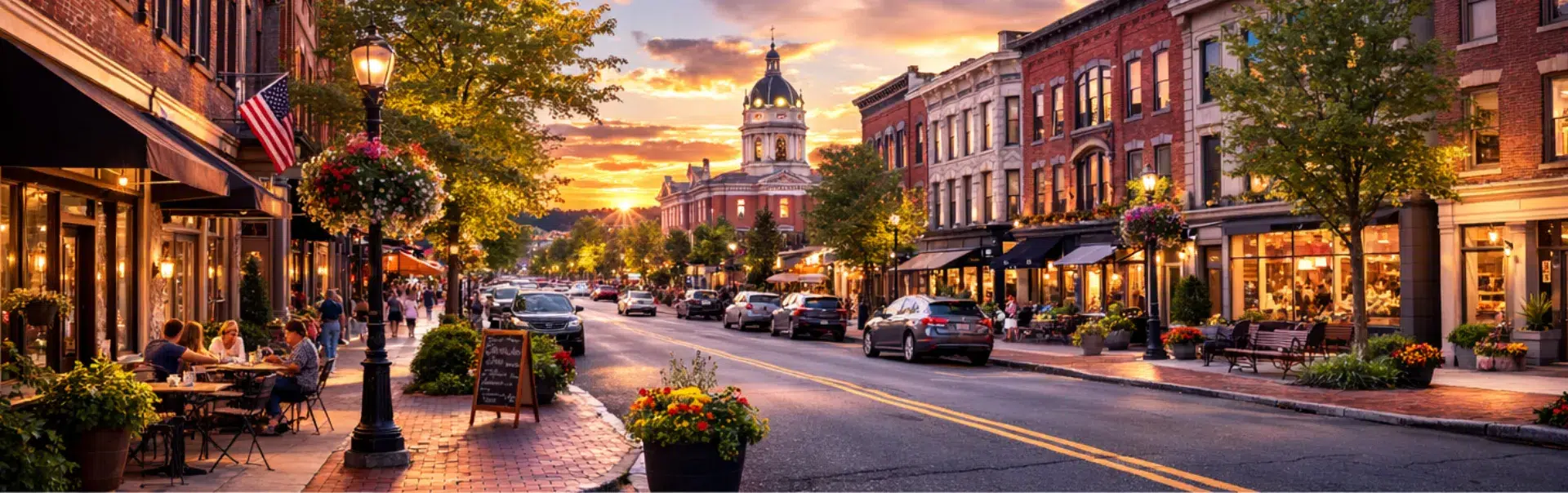 Historic downtown Saratoga Springs with storefronts, restaurants, and local shops