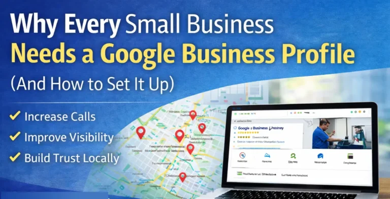 Landscape banner showing a Google Business Profile displayed on a laptop with local map markers, representing increased visibility for small businesses.