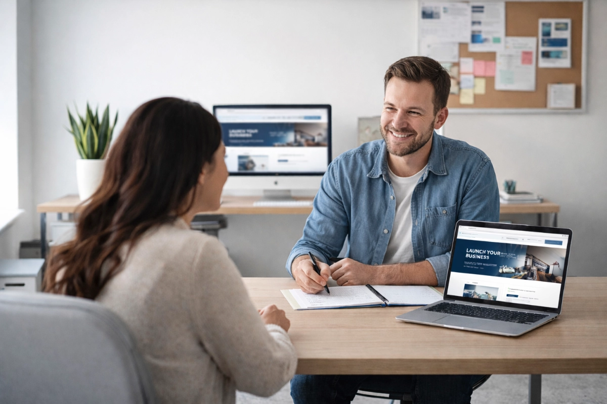 Web designer meeting with a client in a modern office discussing website strategy and development process.