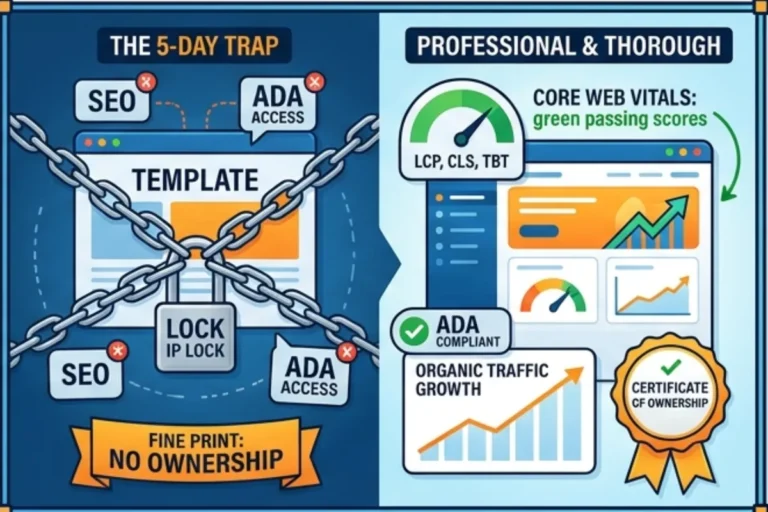 professional web design services vs cheap 5 day website trap infographic comparison wide landscape image