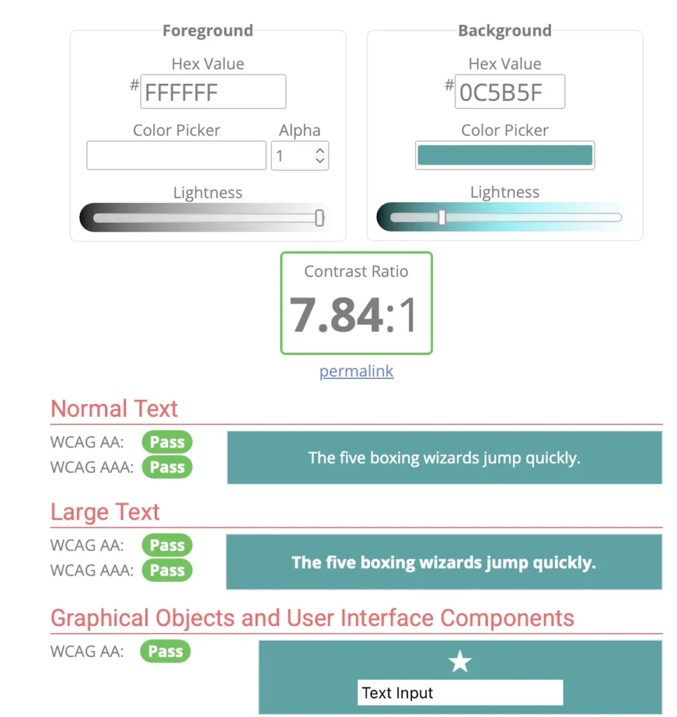 A screenshot of a color contrast checker tool showing a white foreground (#FFFFFF) against a dark teal background (#0C5B5F). The tool shows a contrast ratio of 7.84:1, indicating a 'Pass' for WCAG AA and AAA accessibility standards across normal text, large text, and graphical components