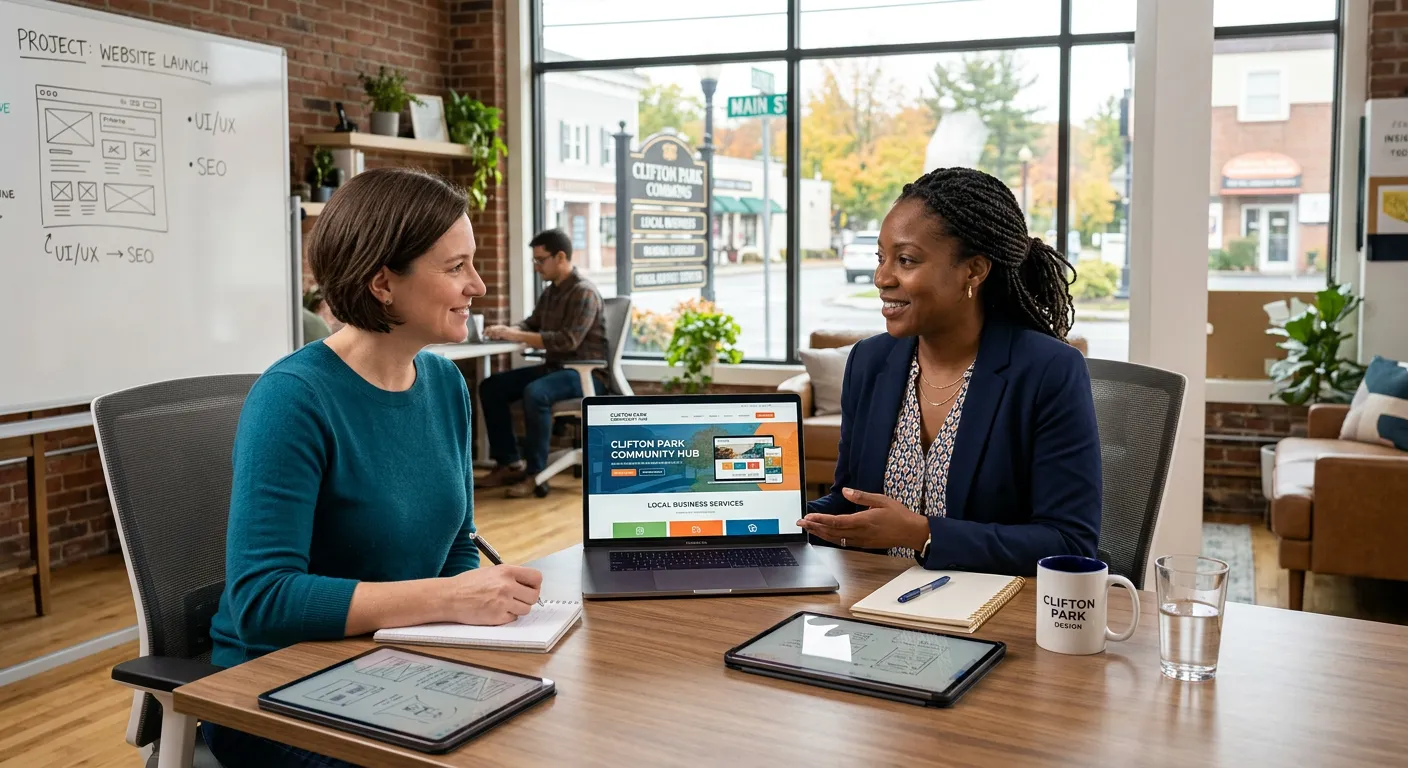 Web designer presenting a new small business website to a client in a Clifton Park, NY co-working space