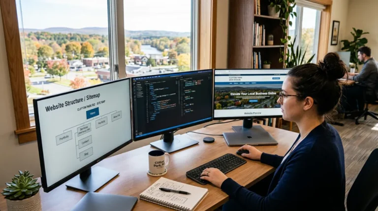 A multi-monitor desktop setup for a web design service in a Clifton Park office featuring a website structure diagram on one screen and HTML and CSS code on the second screen