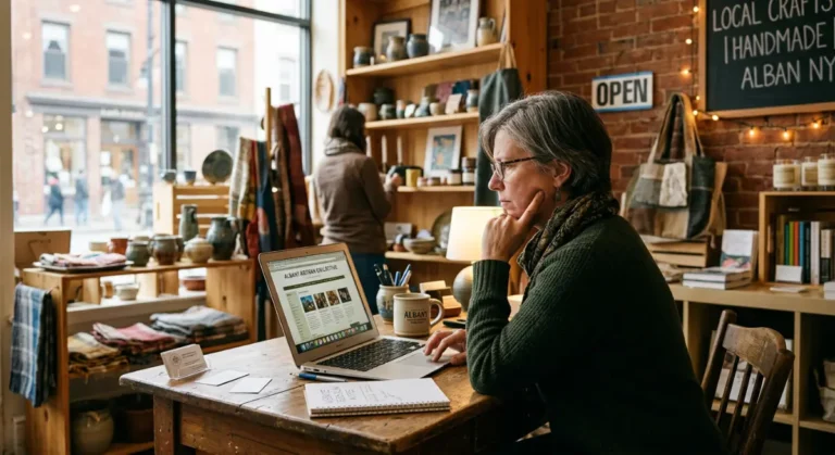 A photo depicting Albany, NY small business owner in a local shop reviewing her website on a laptop to evaluate performance and SEO