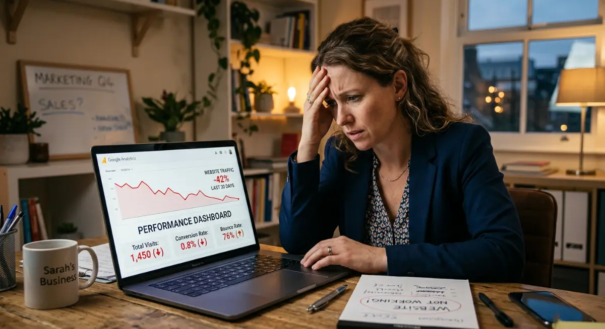 Graphic image of a business owner looking concerned while reviewing declining website traffic and performance metrics on a laptop