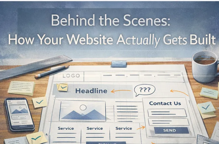 Website wireframe layout showing planning stage with sections, content areas, and contact form structure