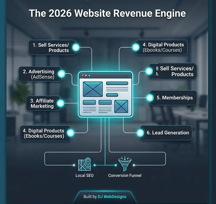 Graphic showing s ways websites make money