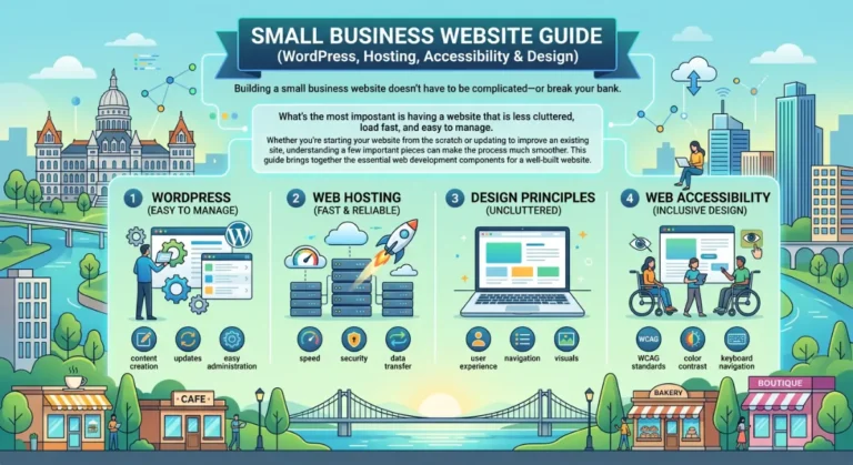 Illustrated small business website guide covering WordPress, hosting, design, and accessibility for Capital Region businesses