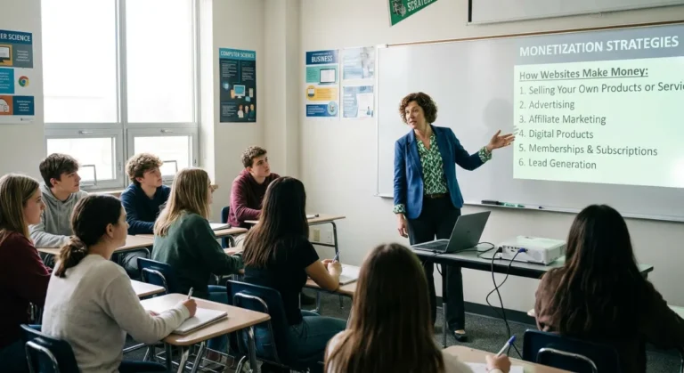 Graphic image of a classroom teacher showing 6 ways for your websites to make money