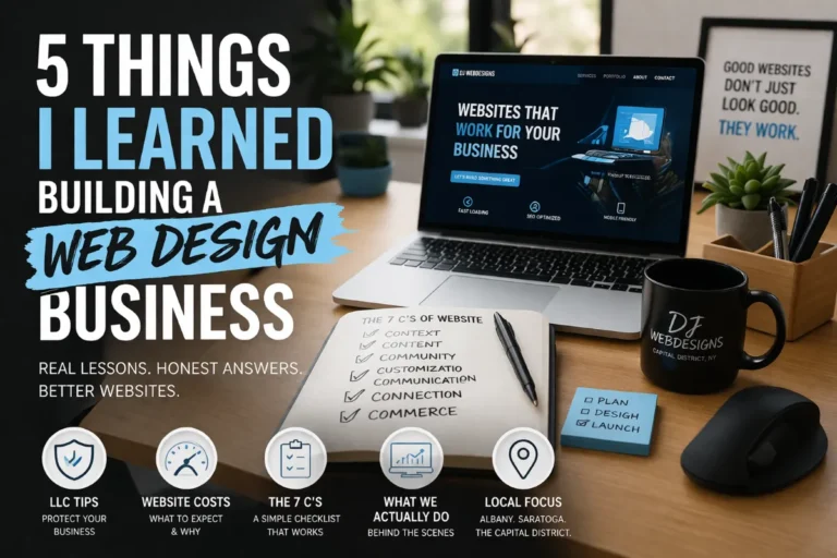 Albany web design workspace showing planning notes, website checklist, and local web design services near me with website hosting services Albany NY