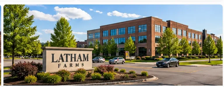Commercial area in Latham New York Wolf Road, office buildings and retail spaces, clean modern look, bright daylight, realistic style, square image