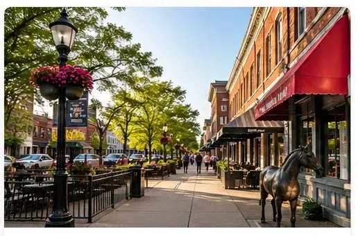 Downtown Saratoga Springs New York Broadway street, upscale shops, vibrant small business district, warm lighting, realistic photography style, square format