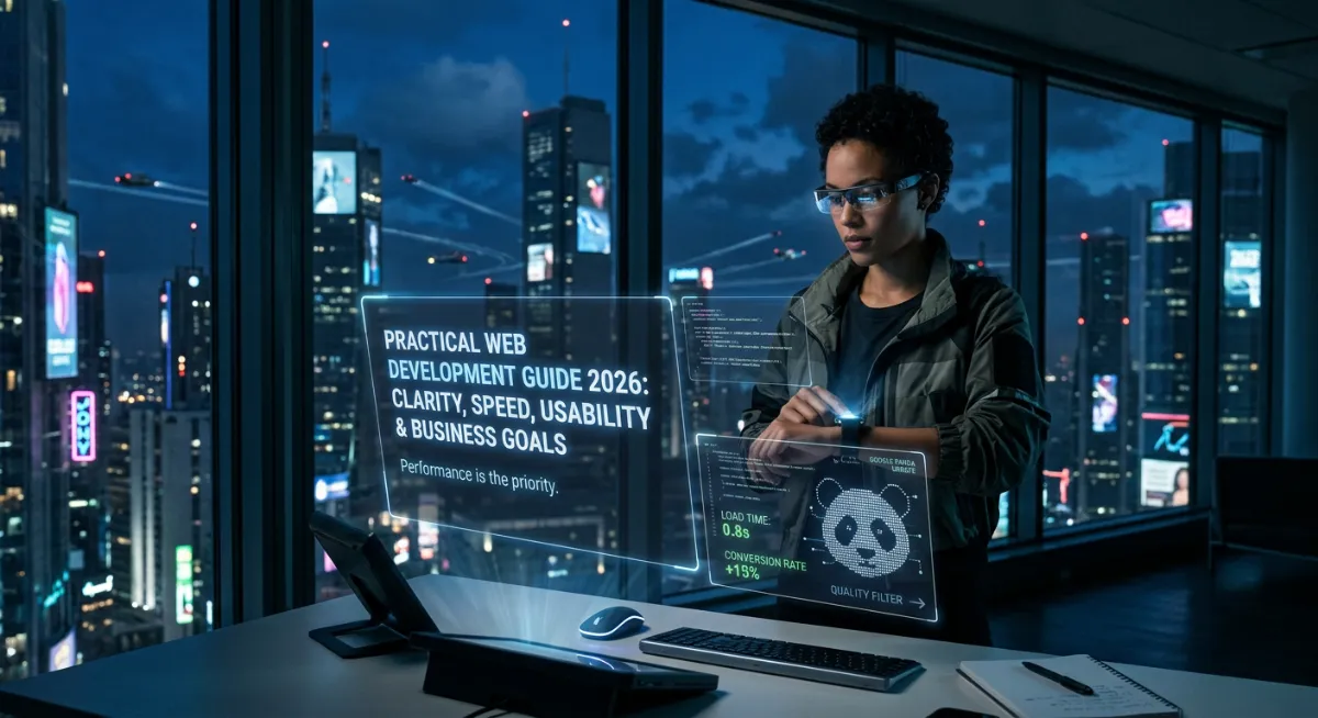 A graphical illustration of a professional web developer analyzing website performance, speed, and SEO metrics in a modern web development guide for 2026