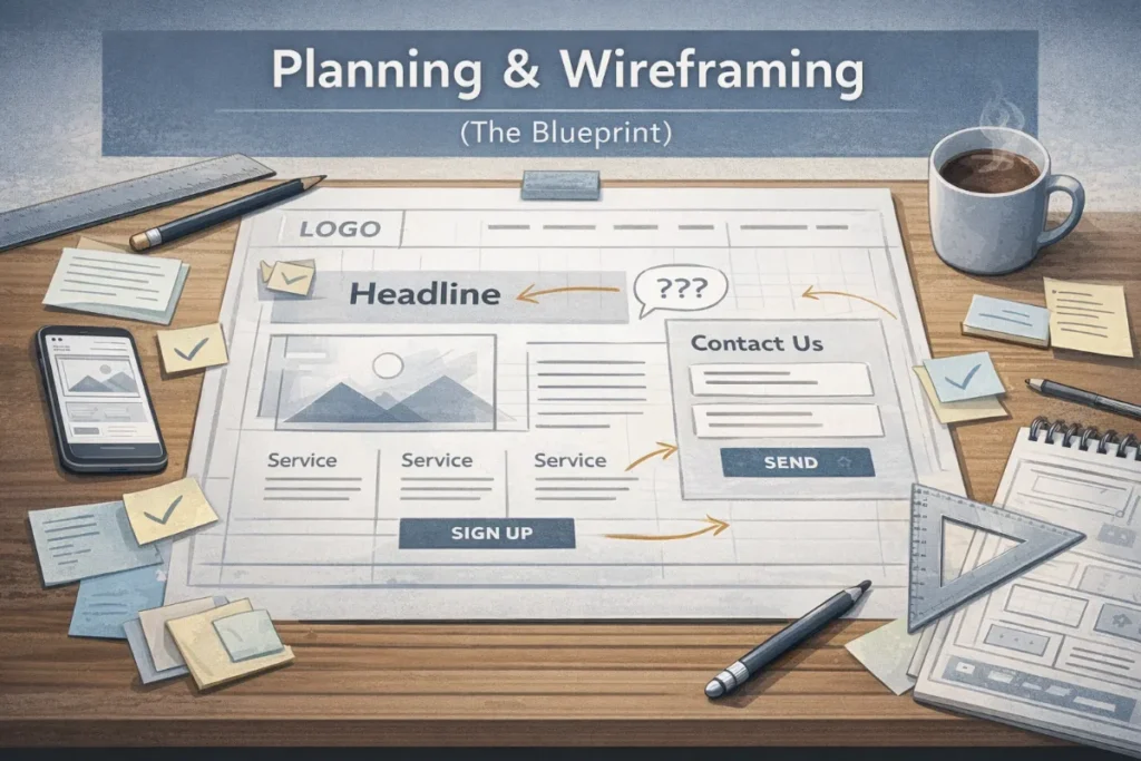Website wireframe sketch showing layout planning, sections, and contact form structure