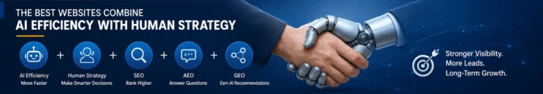 A graphich depiction of a human hand shaking a robotic hand symbolizing collaboration between AI web design tools and human website strategy expertise