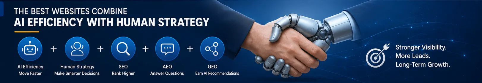 A graphich depiction of a human hand shaking a robotic hand symbolizing collaboration between AI web design tools and human website strategy expertise