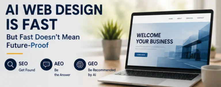 Graphic representation of a laptop displaying an AI-generated business website beside icons representing SEO, AEO, and GEO optimization strategies