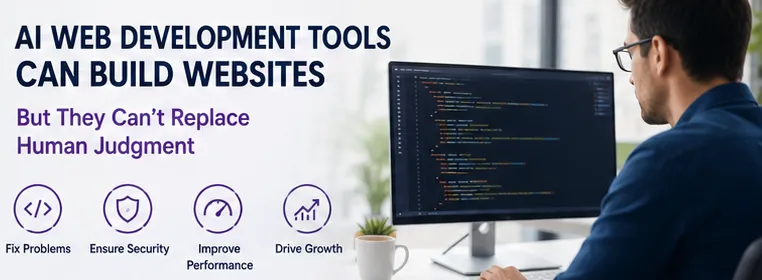 A graphical depiction of a web developer reviewing website code on a desktop computer while managing website performance and security improvements