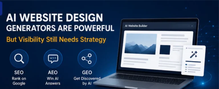 Graphic representation of an AI website builder interface on a laptop screen with graphics representing SEO, AEO, and GEO visibility strategies
