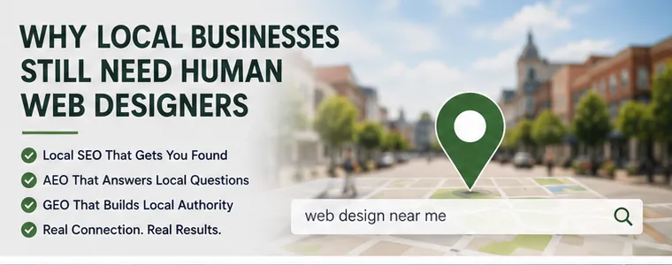 A graphical representation of a local map marker and search bar showing web design near me with background of a small business downtown district.