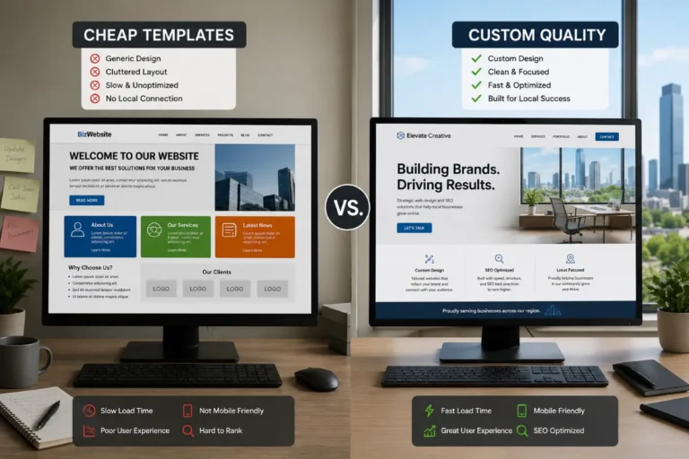 Image concept of a side-by-side comparison of a generic website template and a custom-designed business website, highlighting differences in design quality, speed, SEO optimization, user experience, and local branding.