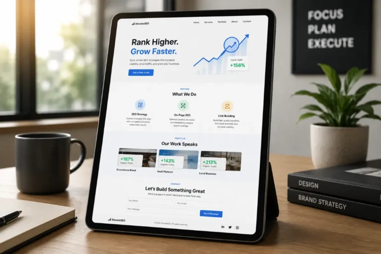 Image concept of a modern one-page business website displayed on a tablet, featuring a continuous scrolling layout with sections for services, portfolio, and contact in a professional office setting