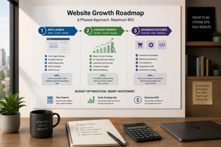 Image concept of a website project roadmap displaying phased development stages including MVP launch, content expansion, and advanced features to help businesses optimize budgets and achieve long-term growth