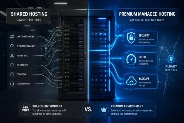 Image concept of a split server rack illustration comparing shared hosting and premium managed hosting, highlighting differences in security, website speed, automated backups, and server performance