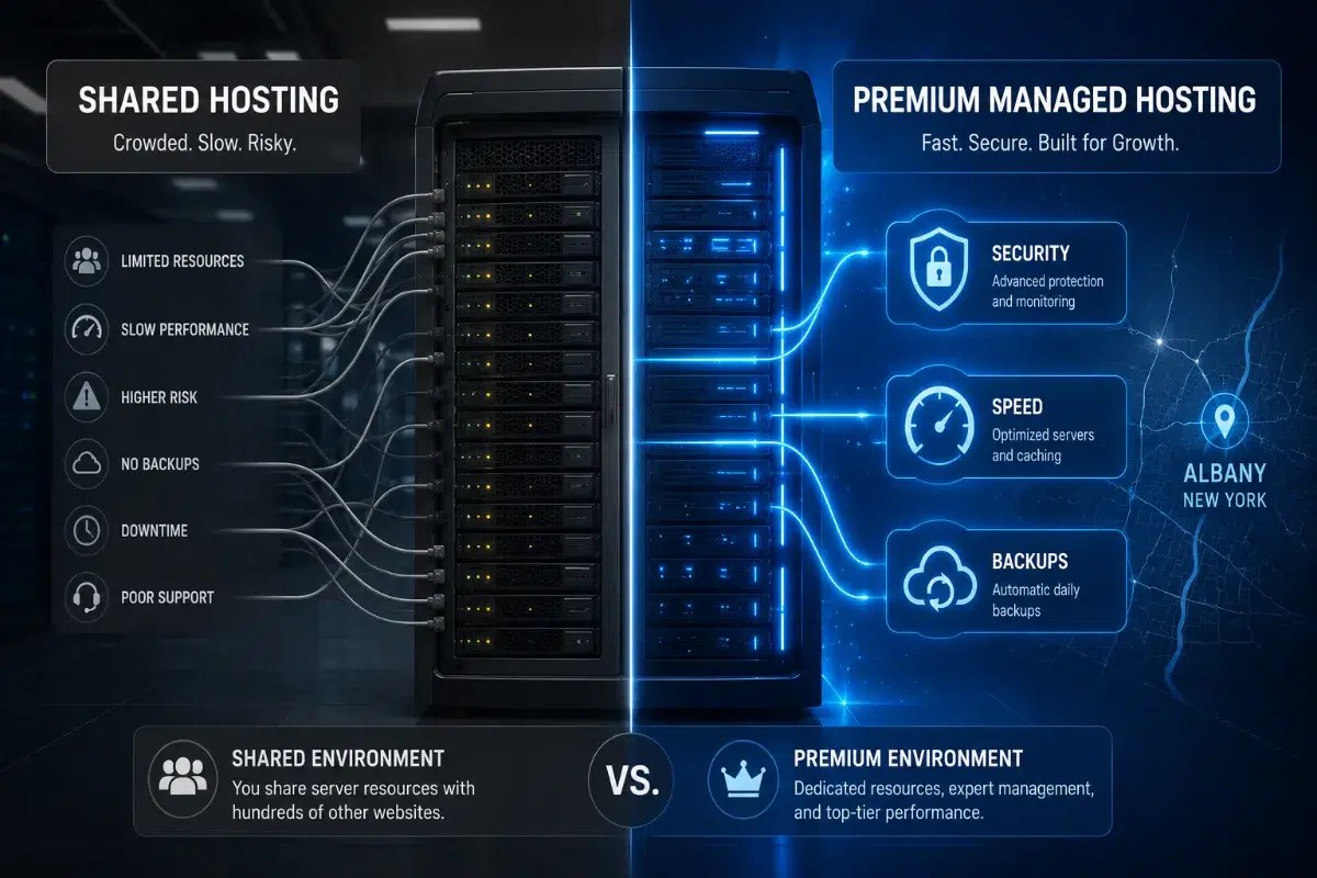 Image concept of a split server rack illustration comparing shared hosting and premium managed hosting, highlighting differences in security, website speed, automated backups, and server performance