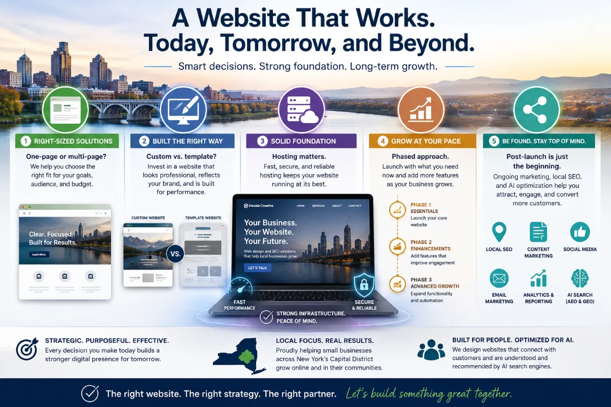 Infographic illustrating the five foundations of a successful small business website, including website structure, custom design, hosting, phased development, digital marketing, local SEO, and AI search visibility