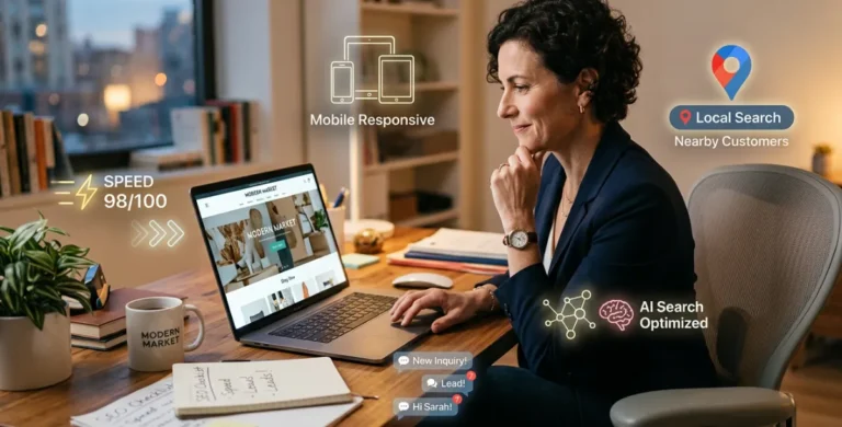 Business owner reviewing the key features of a modern business website including SEO, mobile design, and lead generation.