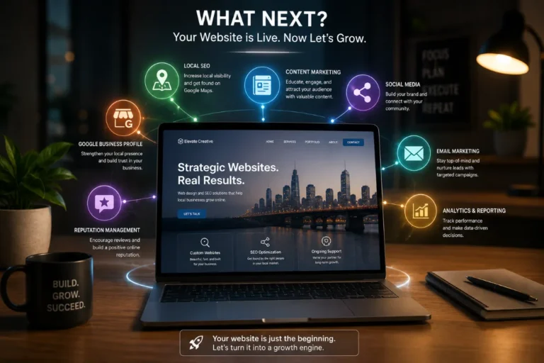 Image concept of a modern laptop displaying a completed business website surrounded by digital marketing icons representing local SEO, content marketing, social media, email marketing, analytics, and online growth strategies.