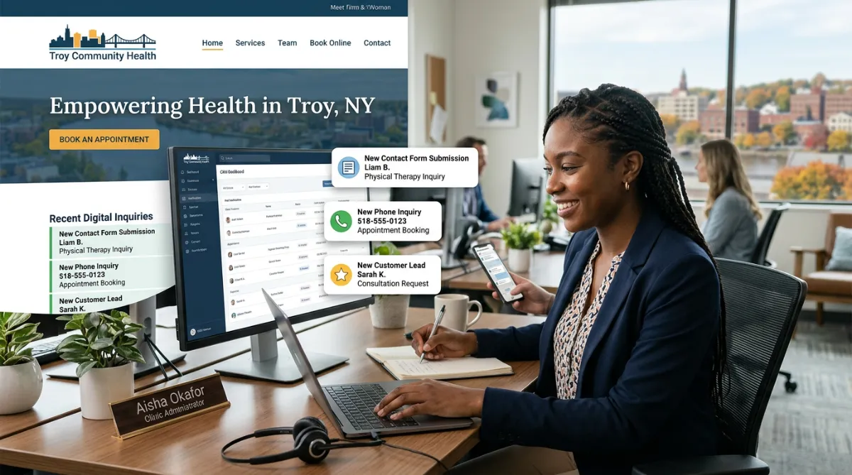 Graphic depicting an African American woman on a medical business website going through customer inquiries and leads