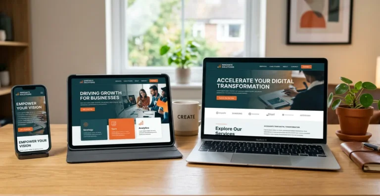 Graphic image of a responsive website displayed consistently on a smartphone, tablet, and laptop.
