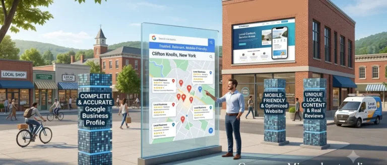 A digital marketing professional standing near a large interactive glass map displaying Clifton Knolls New York local business rankings next to pillars representing Google Business Profile optimization and mobile-friendly web design for DJ WebDesigns