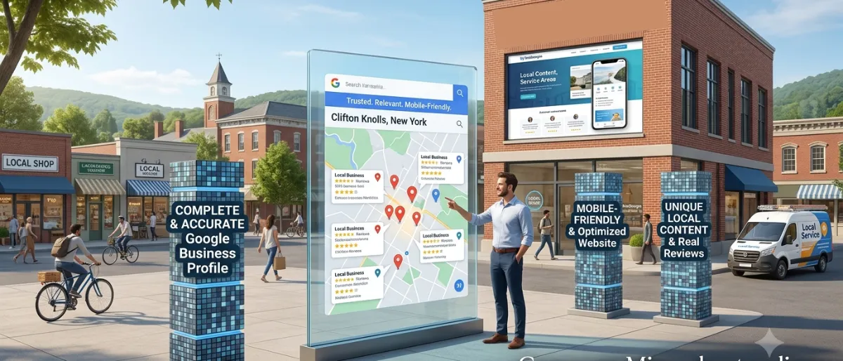 A digital marketing professional standing near a large interactive glass map displaying Clifton Knolls New York local business rankings next to pillars representing Google Business Profile optimization and mobile-friendly web design for DJ WebDesigns