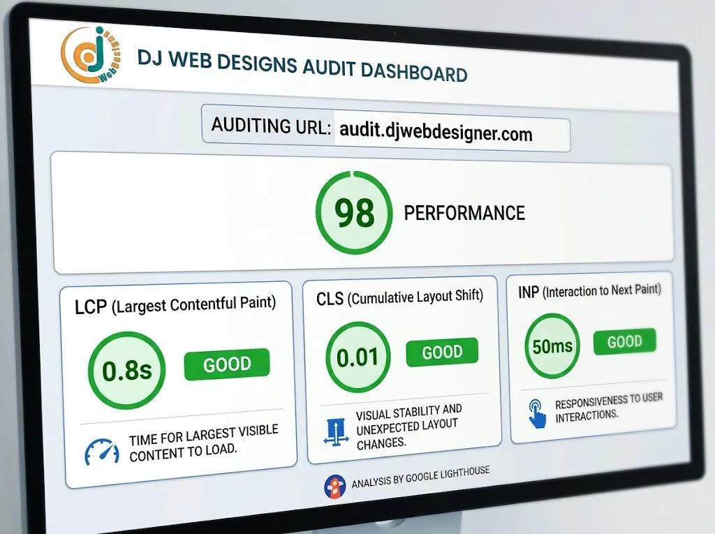 Website performance dashboard showing Core Web Vitals metrics including LCP, CLS, and INP scores