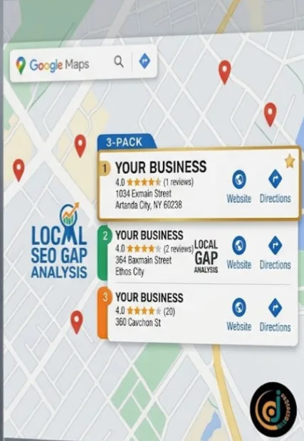 Google Maps 3-Pack results showing local business rankings with reviews and location listings