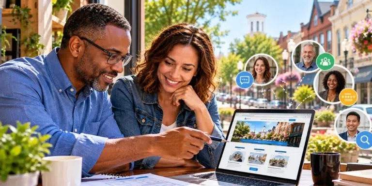 Web designer and small-business owner reviewing a website layout together on a laptop, with customer profiles illustrating the importance of user-focused website design.